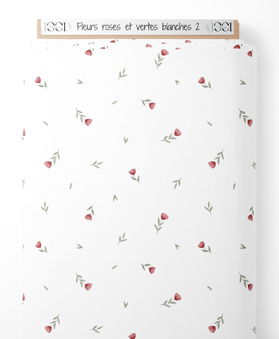 Tissu - Fleurs roses et vertes blanches 2