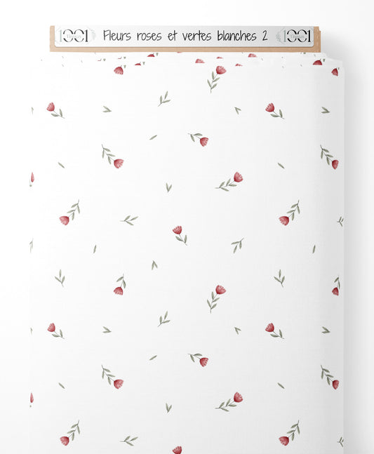 Tissu - Fleurs roses et vertes blanches 2
