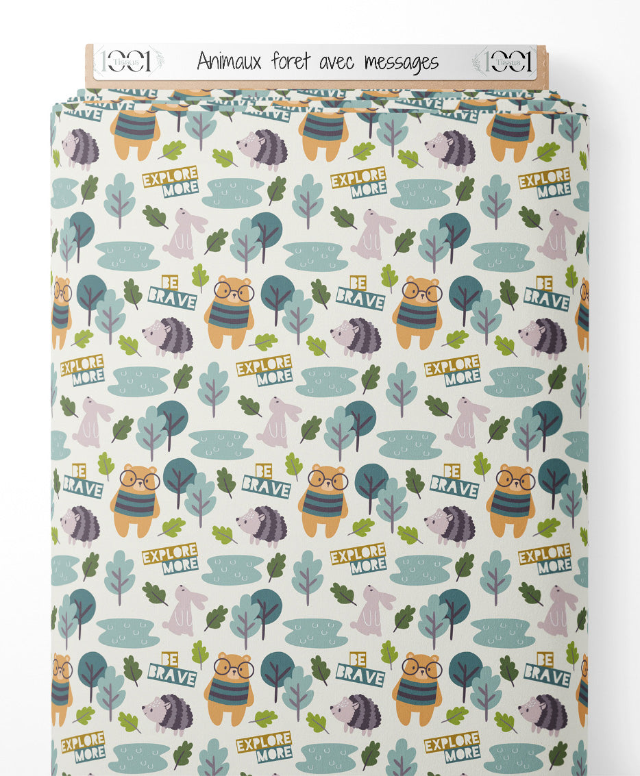 Tissu - Animaux forêt avec messages