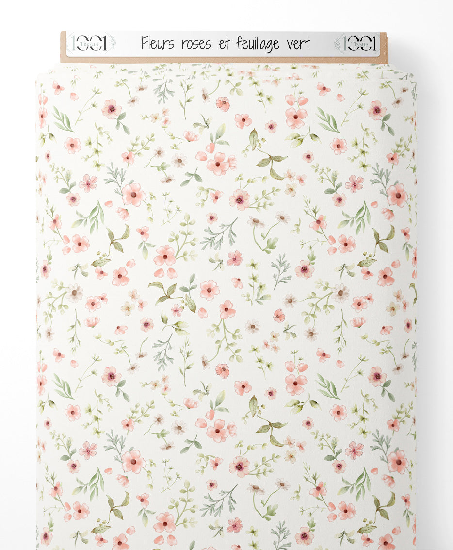 Tissu - Fleurs roses et feuillage vert