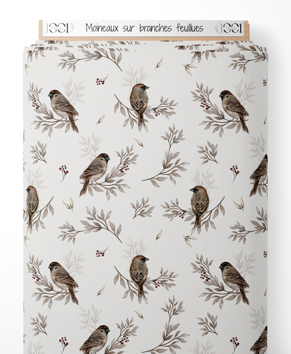 Tissu - Moineaux sur branches feuillues
