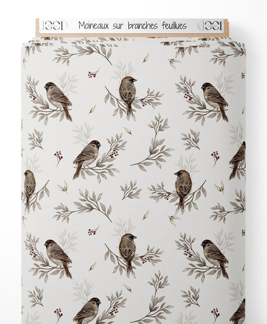 Tissu - Moineaux sur branches feuillues