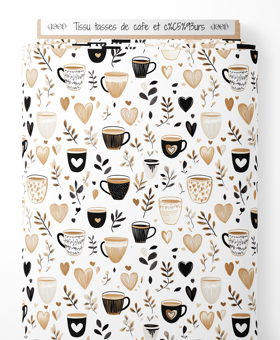 Tissu - tasses de cafe et cœurs