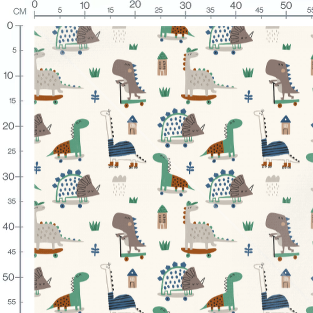 Tissu - Dinosaures et maisons colorées