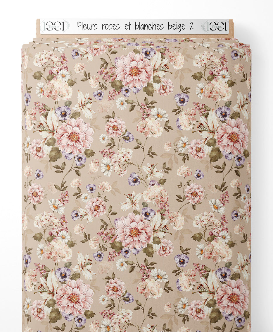 Tissu - Fleurs roses et blanches beige 2
