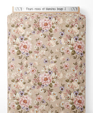 Tissu - Fleurs roses et blanches beige 2