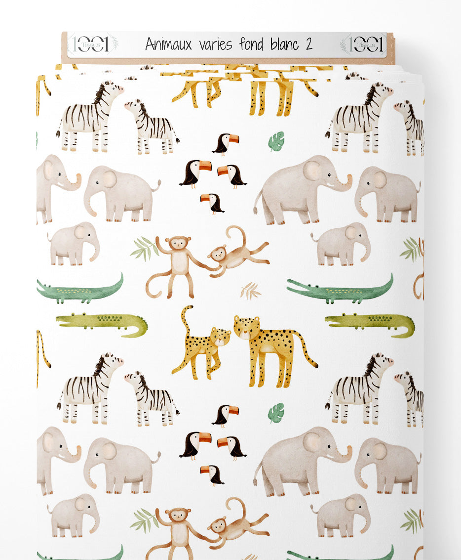 Tissu - Animaux variés sur fond blanc 2