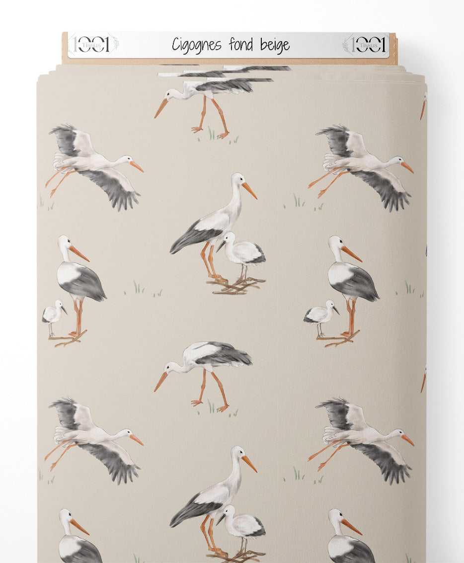 Tissu - Cigognes sur fond beige