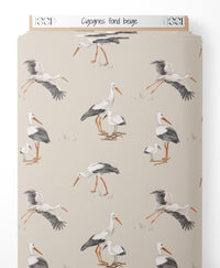 Tissu - Cigognes sur fond beige