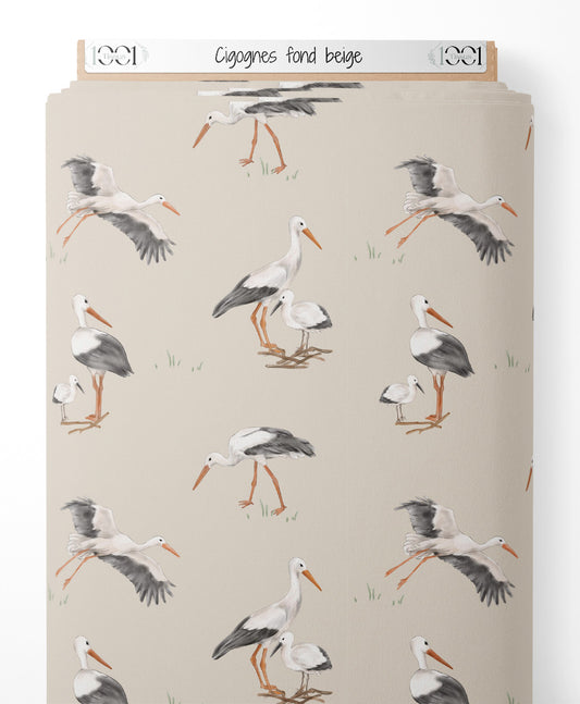 Tissu - Cigognes sur fond beige
