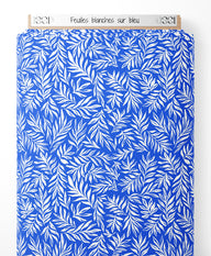 Tissu - Feuilles blanches sur bleu