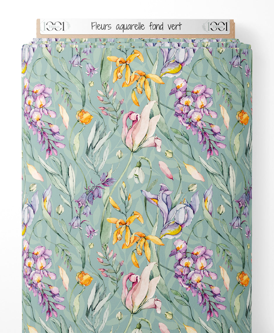 Tissu - Fleurs aquarelle fond vert