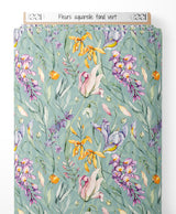 Tissu - Fleurs aquarelle fond vert