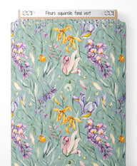 Tissu - Fleurs aquarelle fond vert