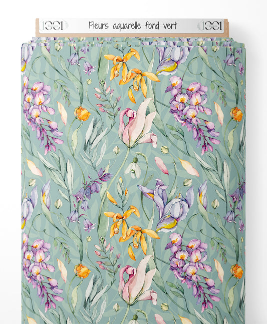 Tissu - Fleurs aquarelle fond vert