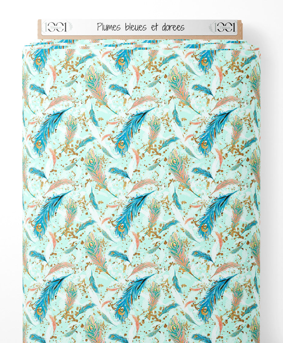 Tissu - Plumes bleues et dorées