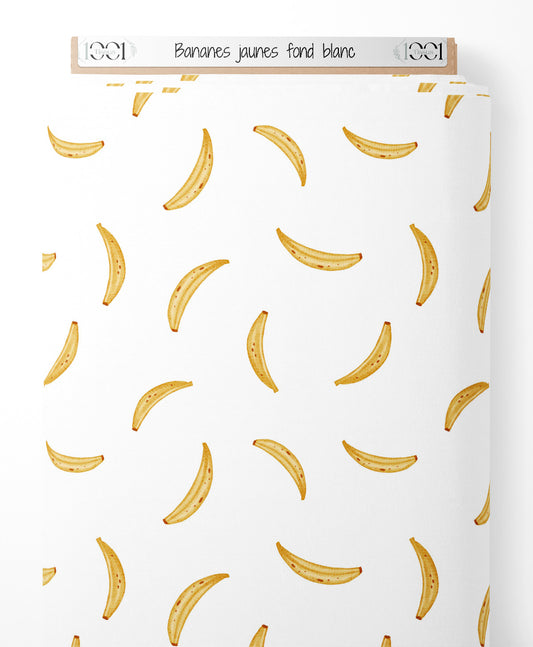 Tissu - Bananes jaunes sur fond blanc