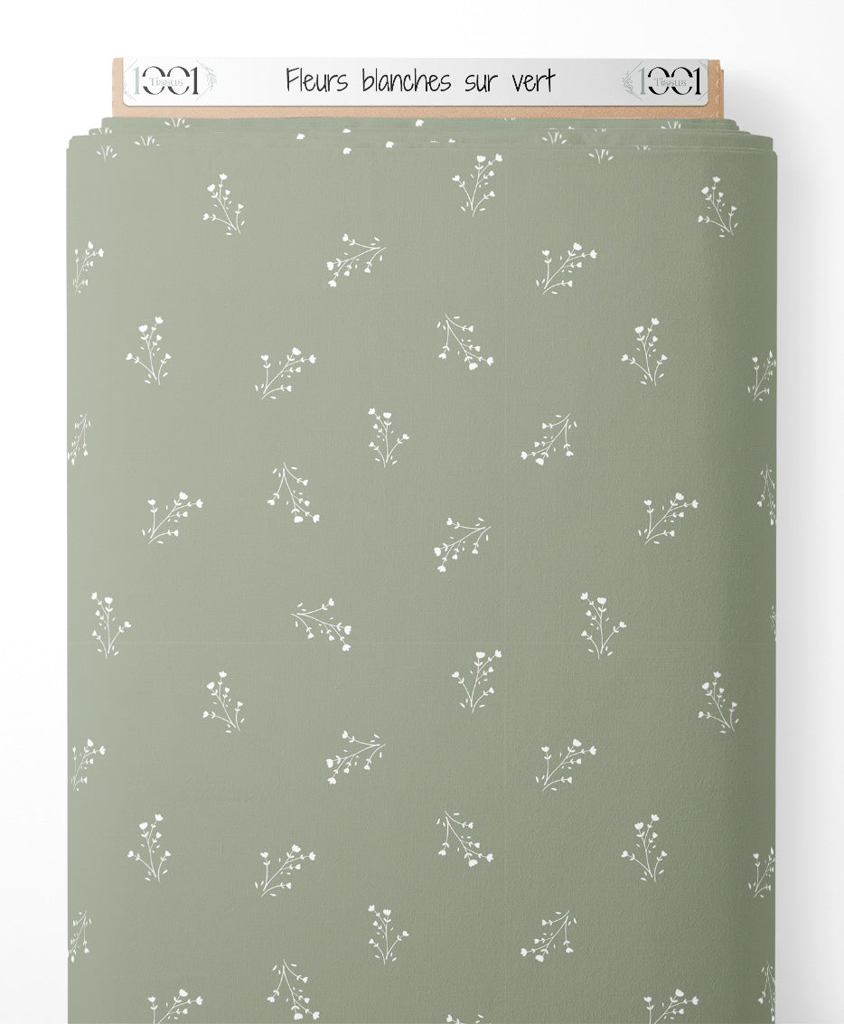 Tissu - Fleurs blanches sur vert