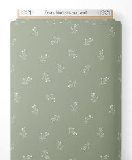 Tissu - Fleurs blanches sur vert