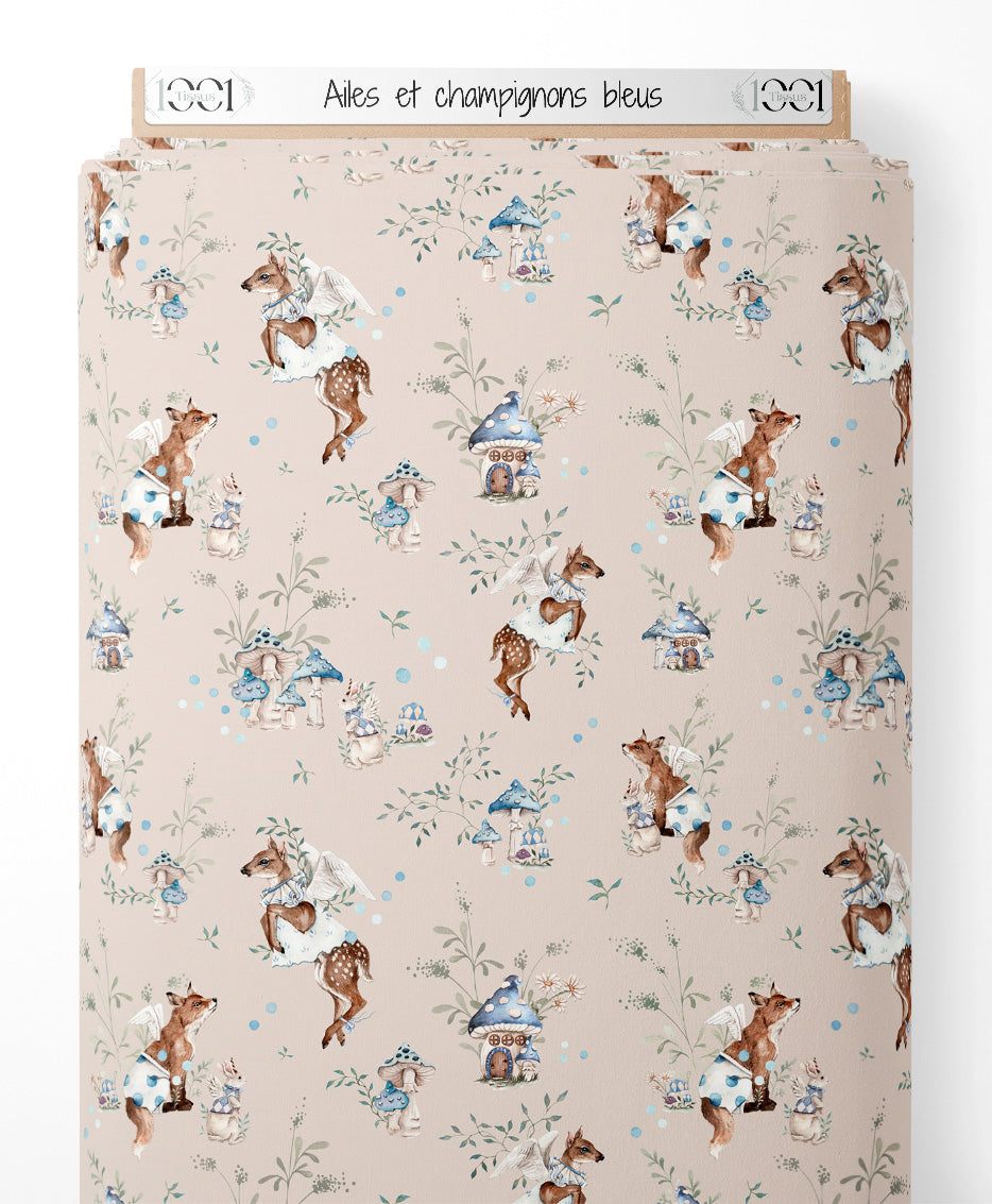 Tissu - Ailés et champignons bleus