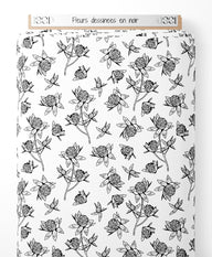 Tissu - Fleurs dessinées en noir