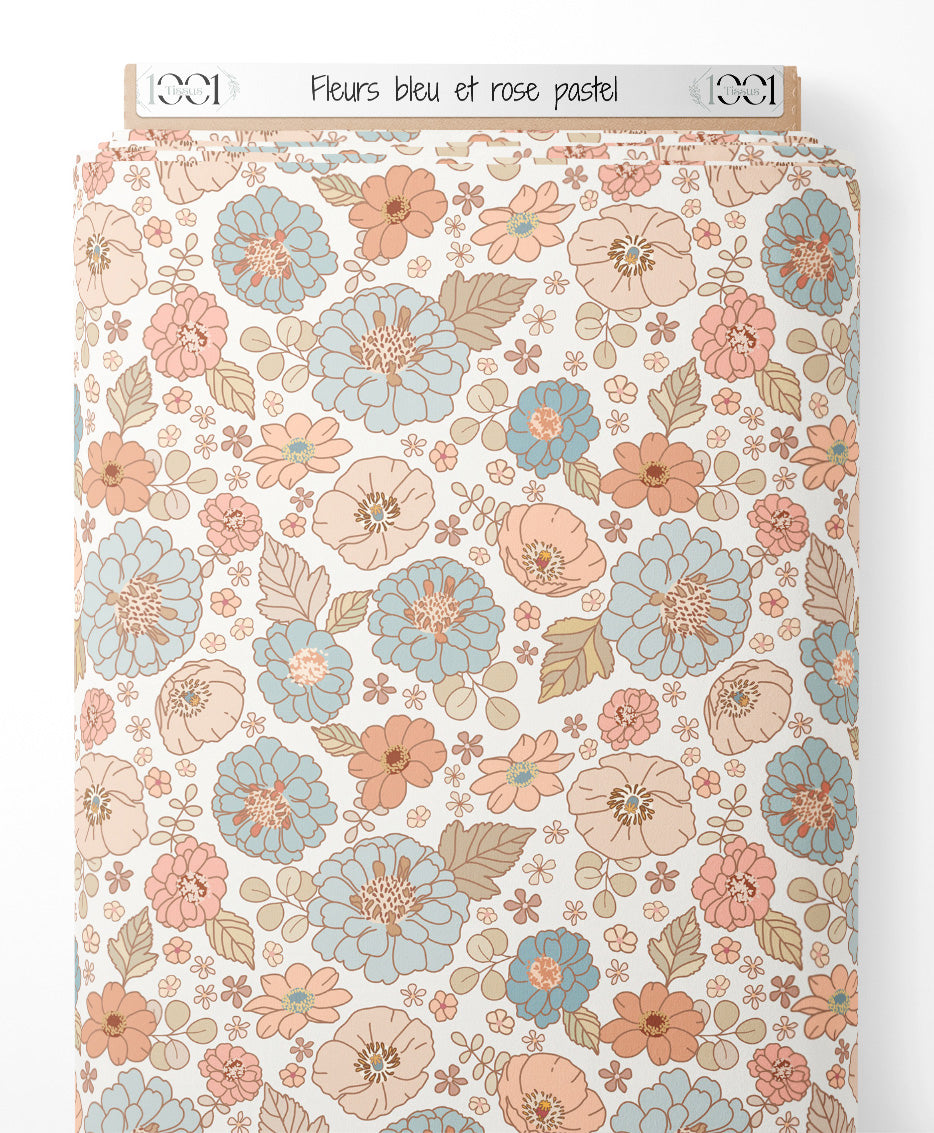 Tissu - Fleurs bleu et rose pastel