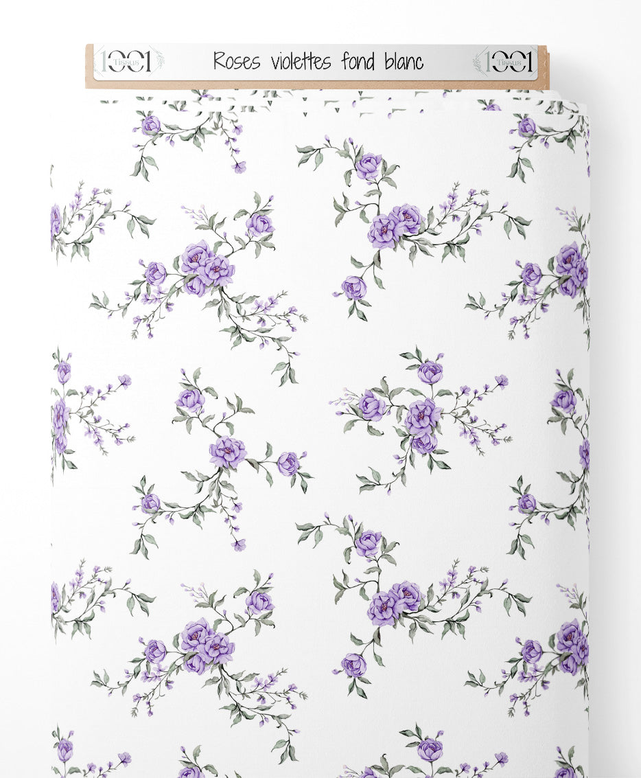 Tissu - Roses violettes sur fond blanc