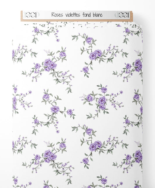 Tissu - Roses violettes sur fond blanc