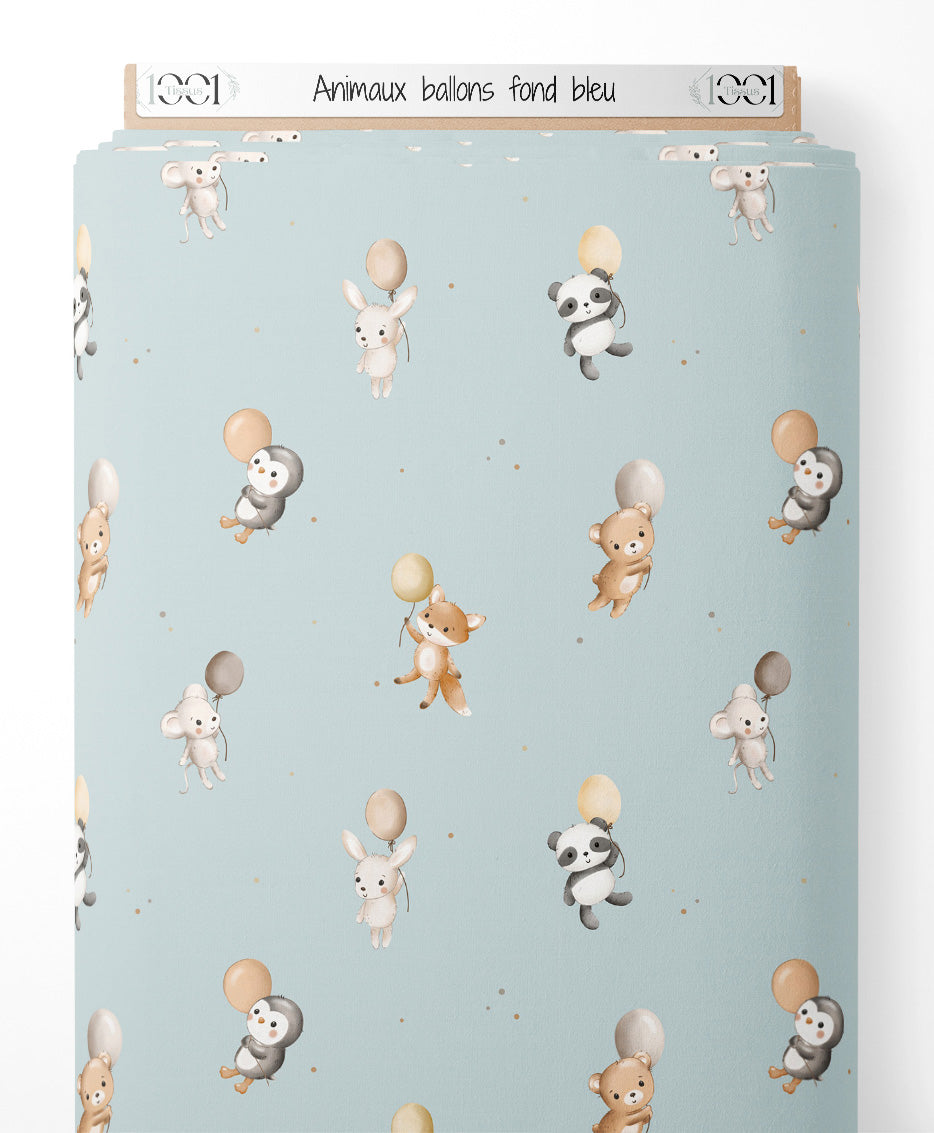 Tissu - Animaux ballons fond bleu