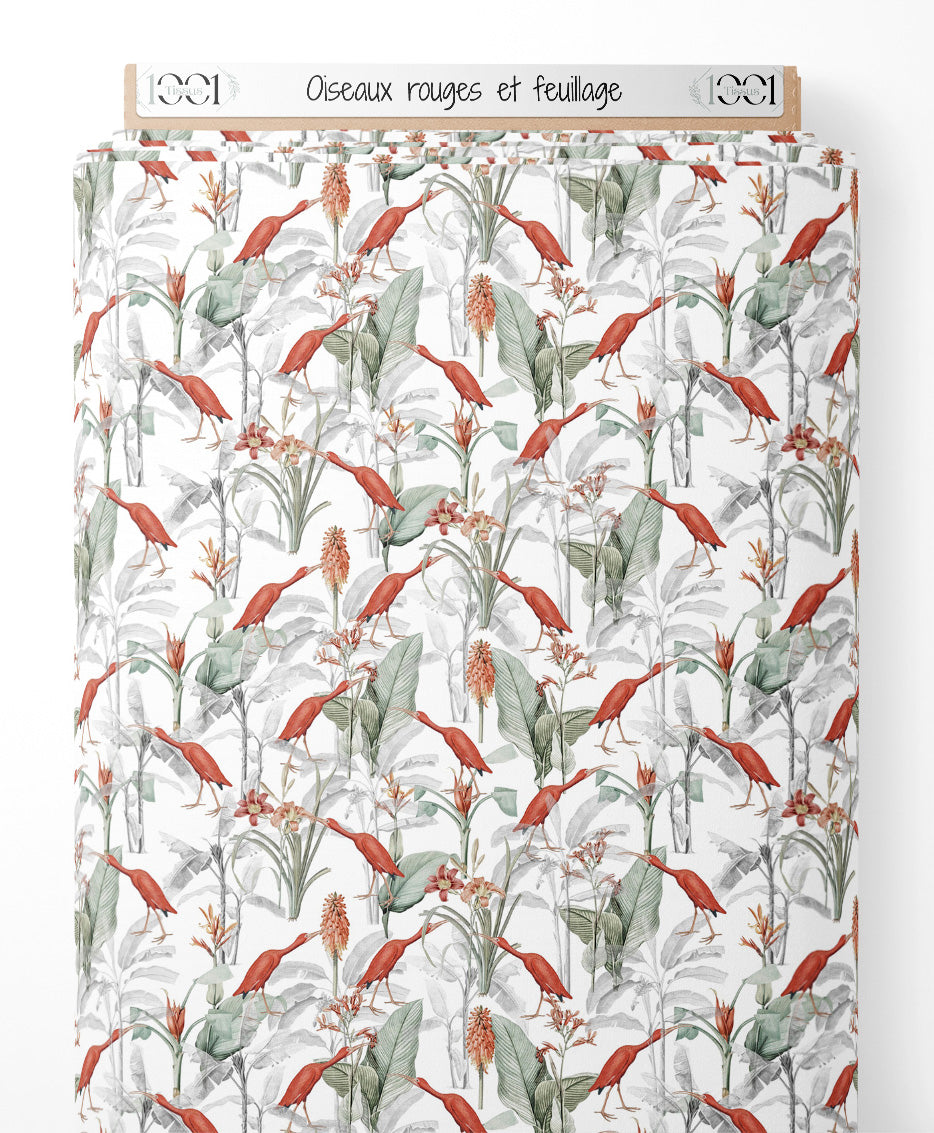 Tissu - Oiseaux rouges et feuillage