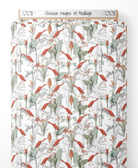 Tissu - Oiseaux rouges et feuillage