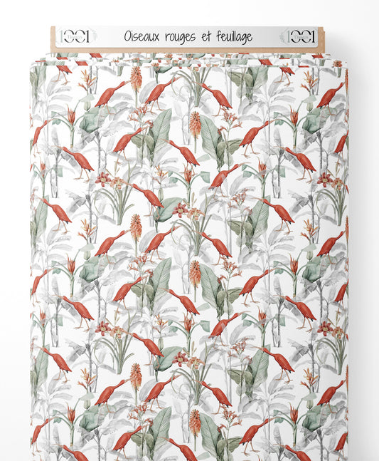 Tissu - Oiseaux rouges et feuillage