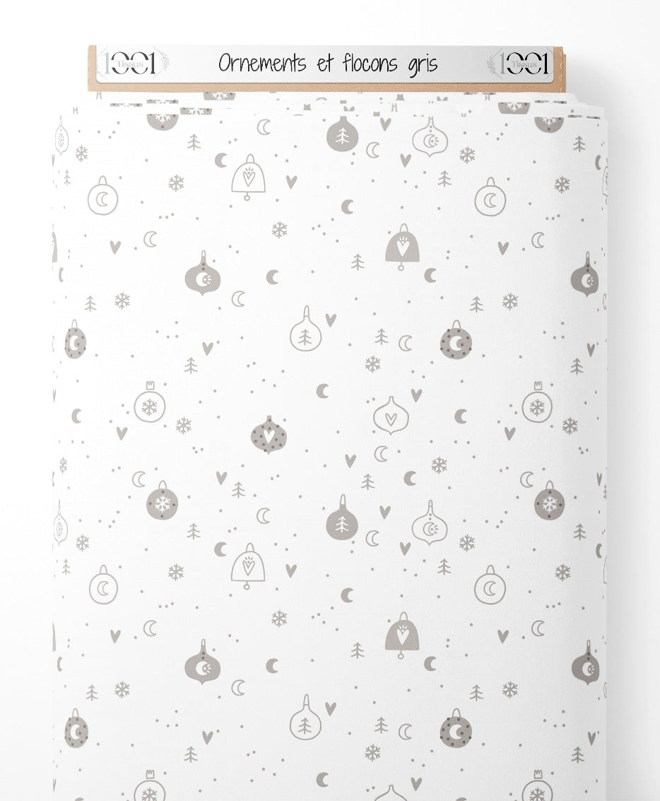 Tissu - Ornements et flocons gris