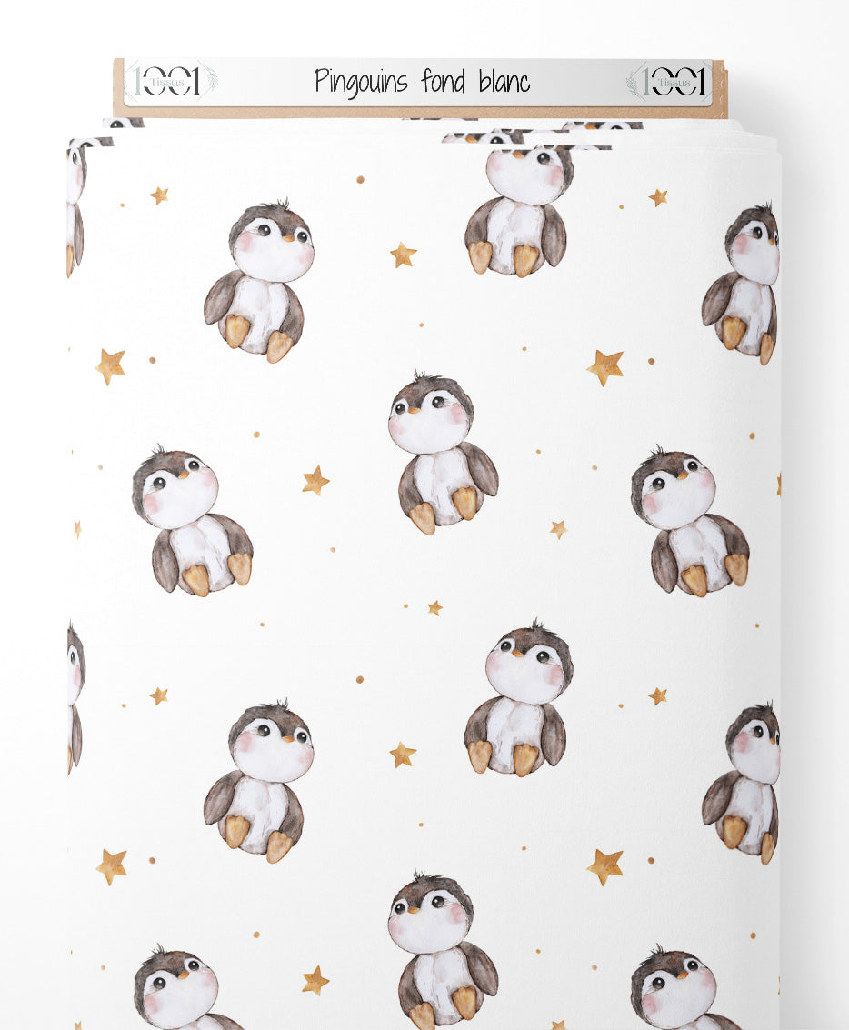 Tissu - Pingouins sur fond blanc