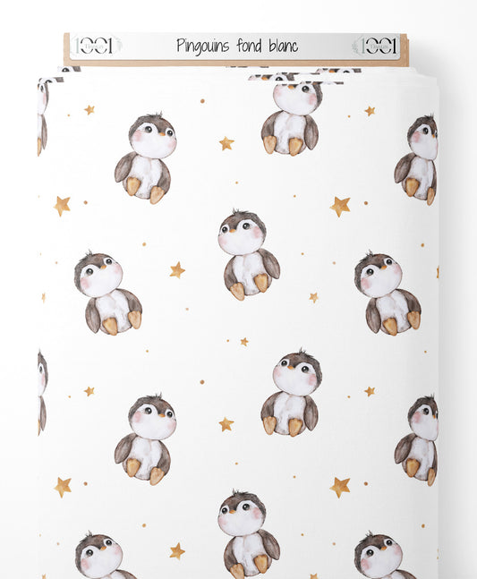 Tissu - Pingouins sur fond blanc