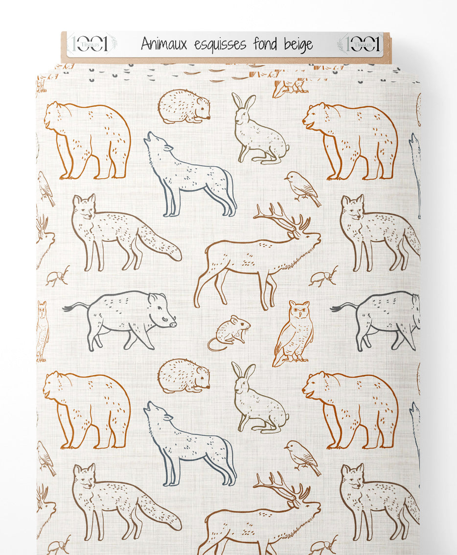 Tissu - Animaux esquissés sur fond beige