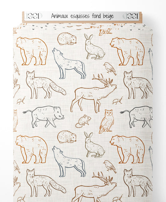 Tissu - Animaux esquissés sur fond beige