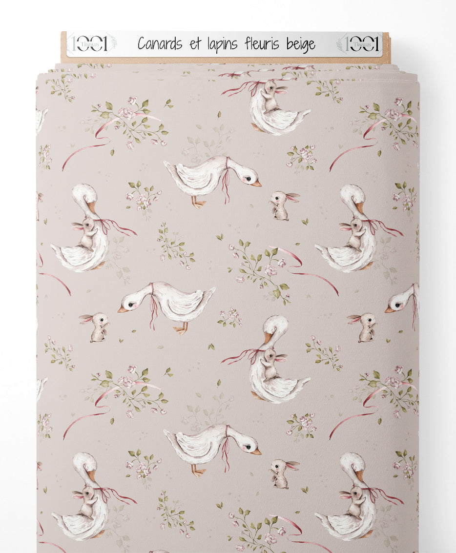 Tissu - Canards et lapins fleuris beige