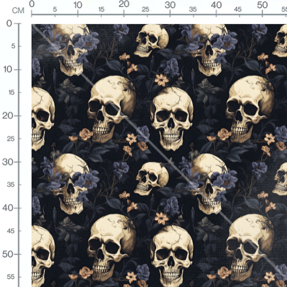 Tissu - Crânes et fleurs sombres