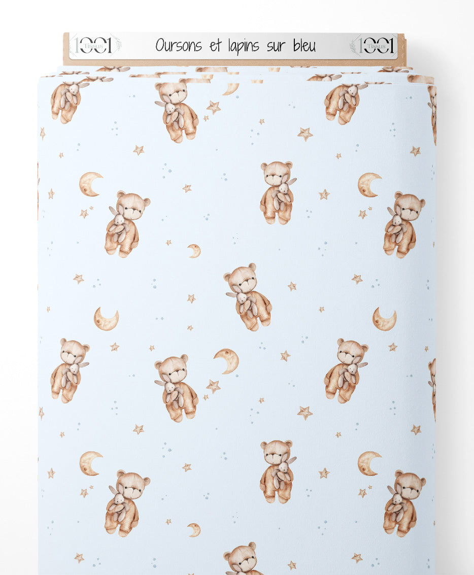 Tissu - Oursons et lapins sur bleu