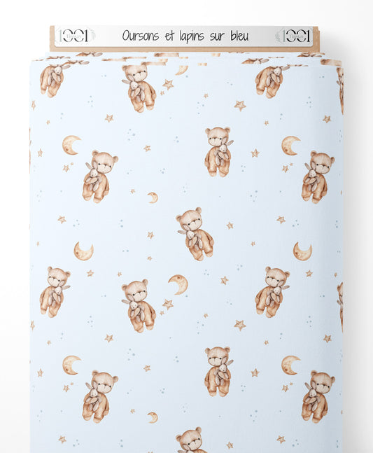 Tissu - Oursons et lapins sur bleu