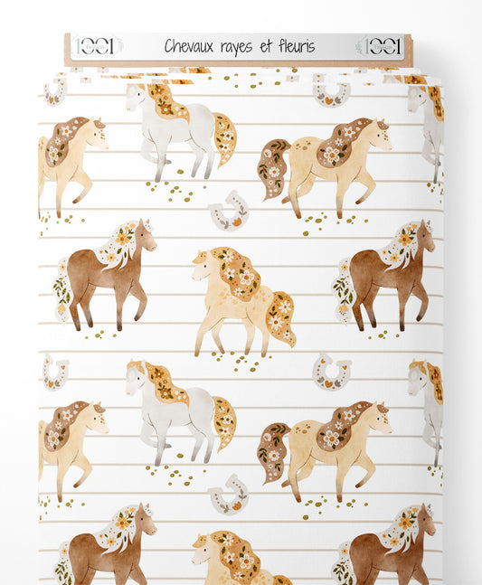 Tissu - Chevaux rayés et fleuris