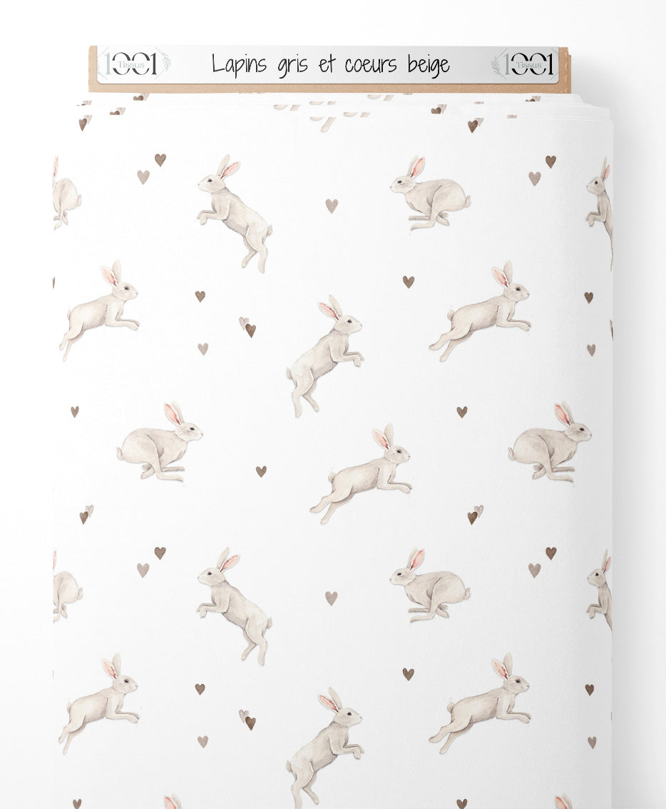 Tissu - Lapins gris et cœurs beige