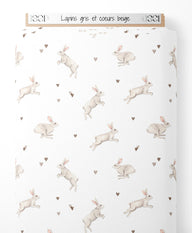 Tissu - Lapins gris et cœurs beige
