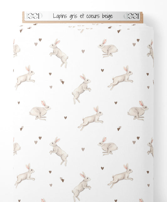 Tissu - Lapins gris et cœurs beige
