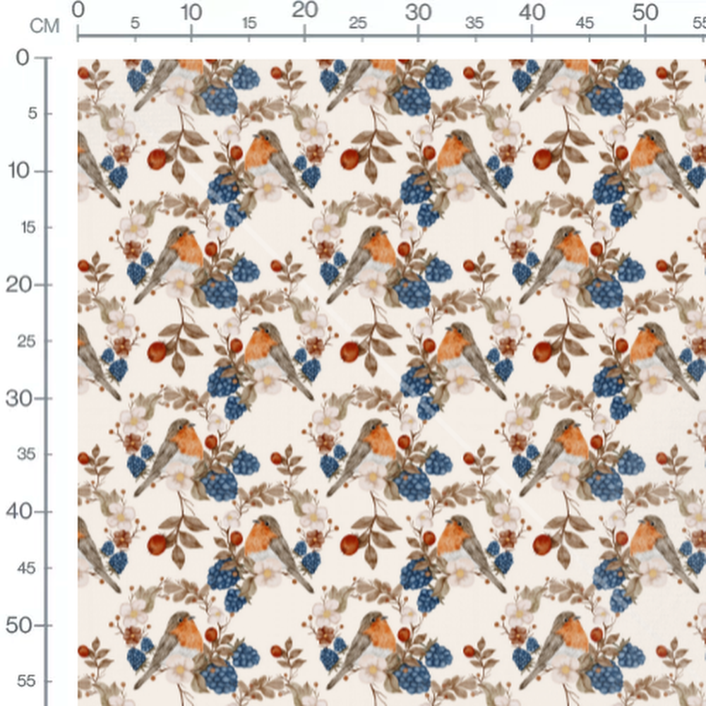 Tissu - Oiseaux et baies sur fond beige