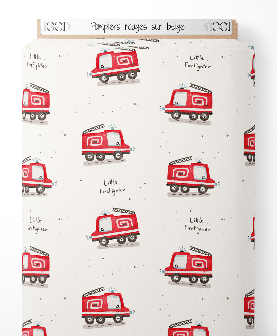 Tissu - Pompiers rouges sur beige