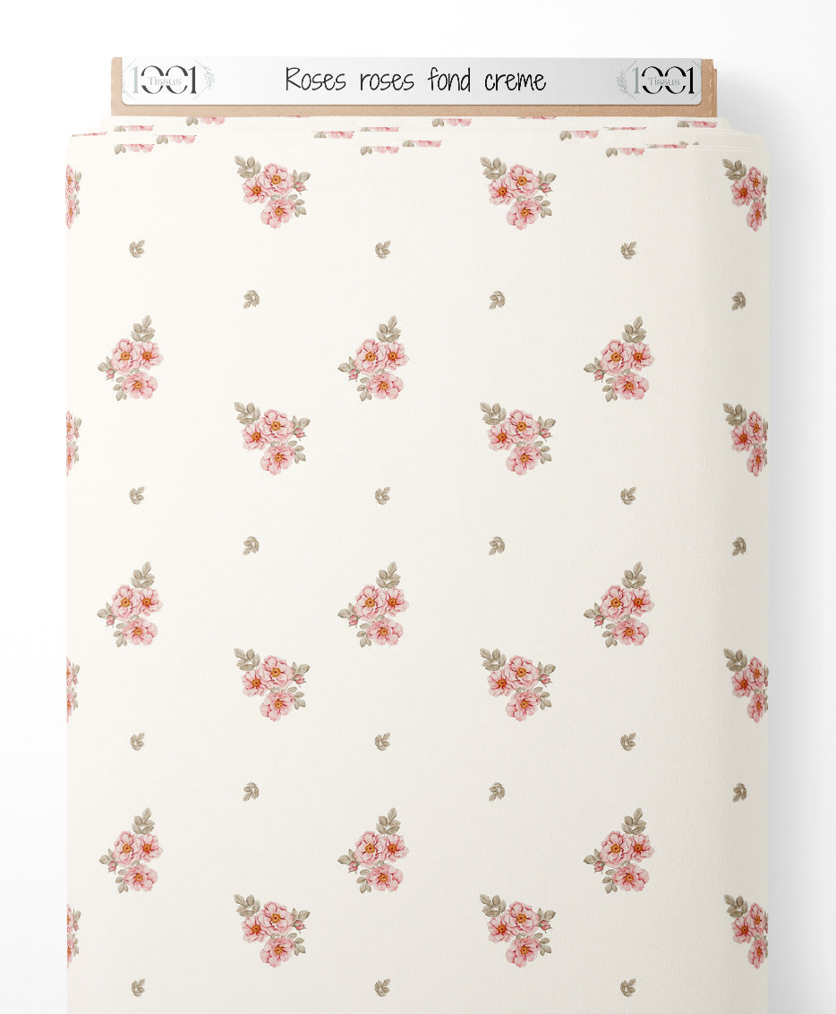 Tissu - Roses roses sur fond crème