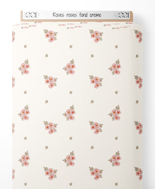 Tissu - Roses roses sur fond crème