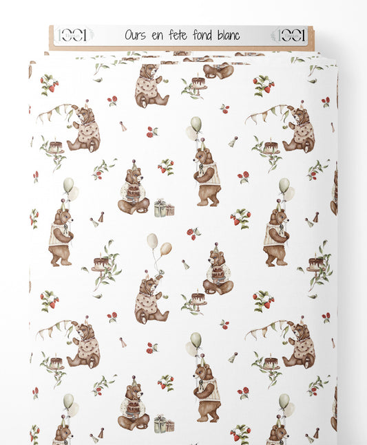 Tissu - Ours en fête sur fond blanc